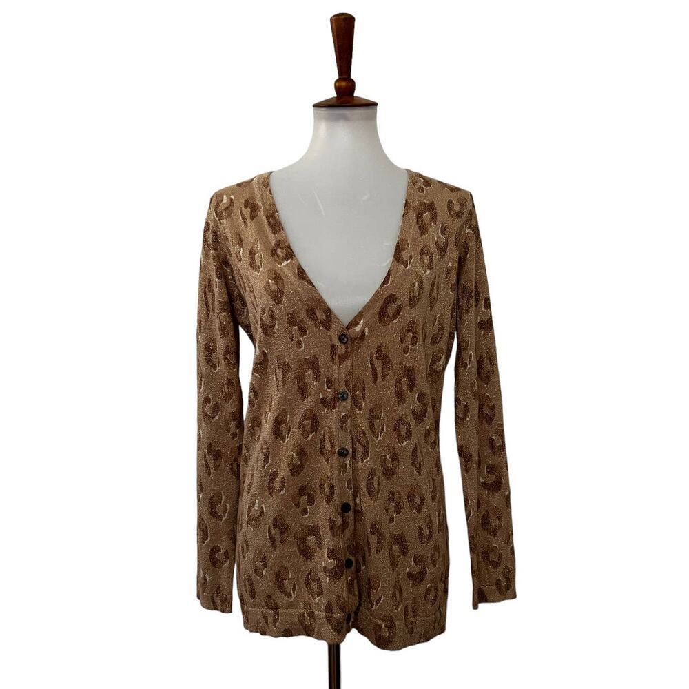 Old Navy Womens Cardigan Glitter Animal Print Long Sleeve Tan Glitter M Medium - Picture 1 of 7